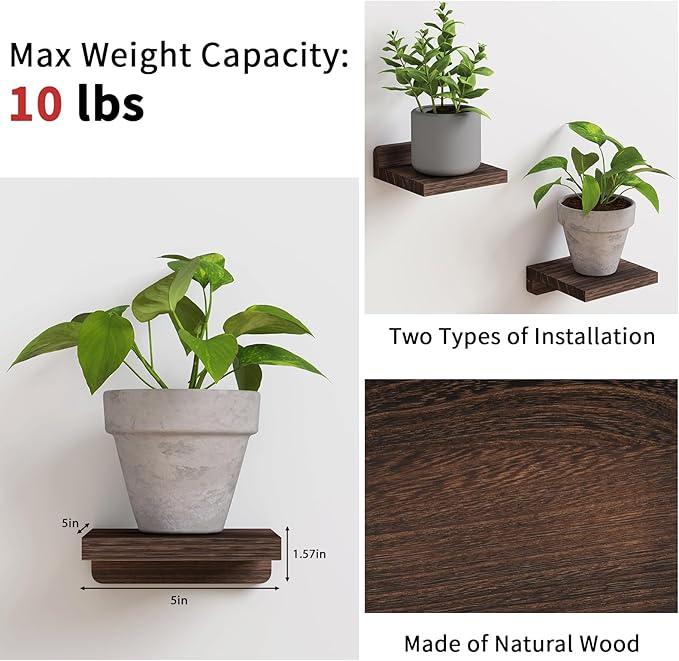 Fixwal Small Floating Shelves, 5X5 Inches Wall Shelf Set of 4, Rustic Wood Small Wall Mounted Shelves for Bedroom, Living Room, Kitchen, Bathroom Decor (Dark Carbonized Black)
