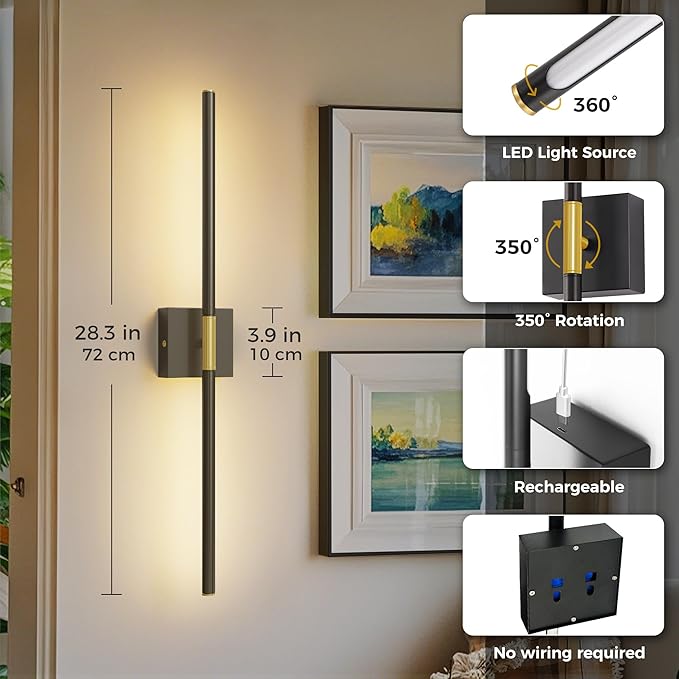 L LOHAS LED Battery Operated Wall Sconces Set of 2, Battery Wall Sconce 10000mAh, Black and Gold Rechargeable Sconces 3CCT, 28.1 Inch Wireless Wall Lights, Sconce Wall Decor for Bedroom, Living Room