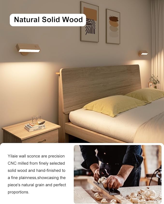 Wall Sconces Battery Operated Set of Two,Rechargeable Wall Lamps for Bedroom,Wall Lights Wireless Dimmable,Wood Wall Sconce with 360 Rotation,Peel and Stick Wall Sconces for Bedroom Bedside