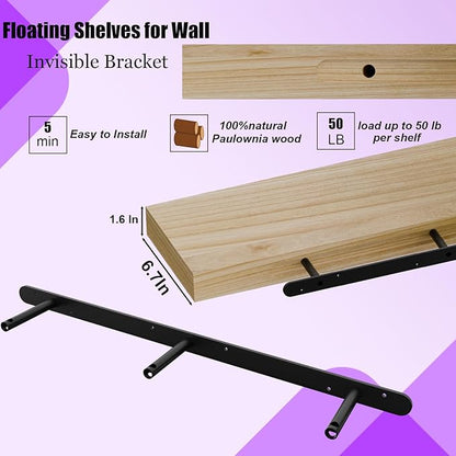 IAE Floating Wall Shelves 55 inch,Bathroom Shelf Wall Mounted,Invisible Shelf Floating Kitchen Shelves,Wooden wall Shelving with Brackets for Living Room wall Mounted,Easy Install,Set of 2,Natural