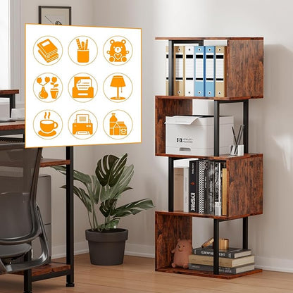 Furologee 5 Tier Bookshelf, S Shaped Geometric Bookcase, Narrow Freestanding Display Shelves, Modern Wood Decorative Storage Rack for Bedroom, Living Room, Home Office, Rustic Brown