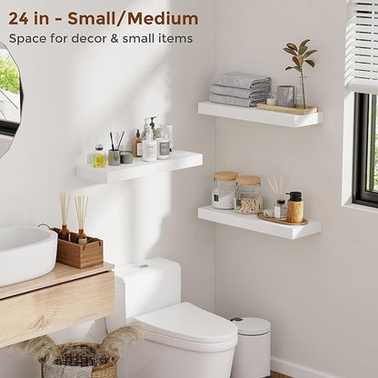 Heimlove 24 Inch Floating Shelves for Wall White Shelves Set of 2,Wall Mounted Rustic Wood 8 Inch Deep Floating Shelf with Invisible Brackets for Bedroom Kitchen Living Room