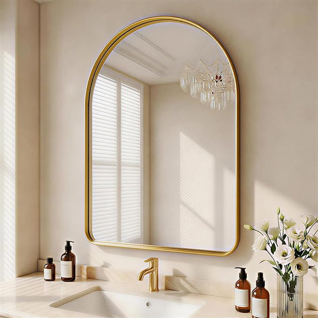 Arched Bathroom Mirror - 38x26 Inch Gold Bathroom Mirror for Wall - Aluminum Alloy Framed Mirror - Arched Top Bathroom Vanity Mirror for Living Room, Bedroom, Mantel, Entryway, and Hallways