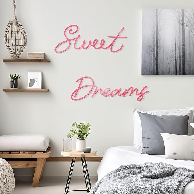 Zzbakress Sweet Dreams Wall Decor Metal Wall Art Large Modern Living Room Farmhouse Sign for Bedroom Black Metal Wall Art for Office and Home Wall Decor (Pink, Farmhouse)