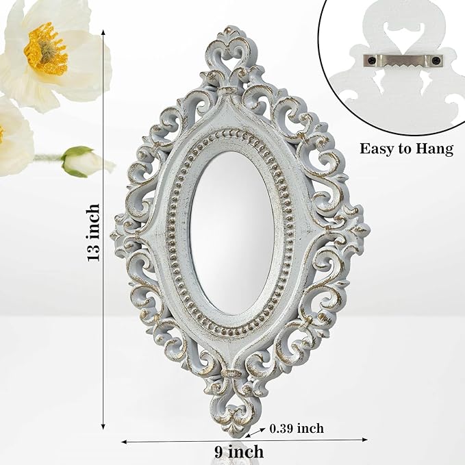 Cityelf 2 Set Oval Wood Carved Wall Mirror Baroque 3D Relief Rustic Home Decor Small Decorative Hanging Mirrors for Living Room, Bedroom Entrance Wall Sculpture