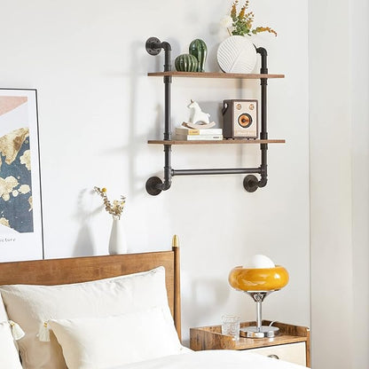 YMYNY Industrial Pipe Shelf Bracket, 2 Tiers Retro Wall Mounted Floating Shelf, Wood Look DIY Storage Shelving Bookshelf, UHRF-TM014