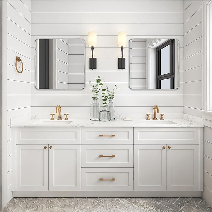 Wall Mount Mirror for Bathroom, Brush Silver Metal Framed Rounded Corner Square Rectangular Vanity Mirror (30