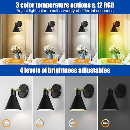 Black Rechargeable Battery Operated Wall Sconces Set of 2 with Remote, Wireless Dimmable Battery Powered Wall Light, Cordless Wall Lamp Lighting Fixture for Bedroom Living Room, Bulb Included