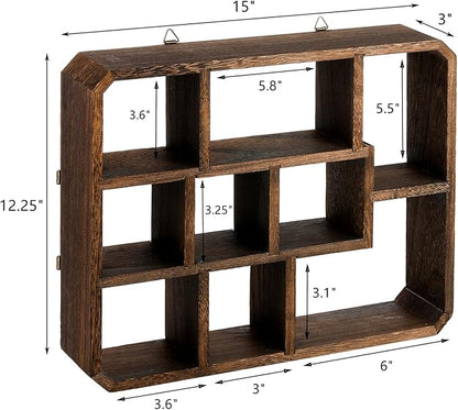 Frcctre Rustic Shadow Box Display Shelf, 9 Compartments Wood Hanging Display Floating Shelves, Multi-Slot Wall Mounted or Freestanding Farmhouse Decor Displays Case