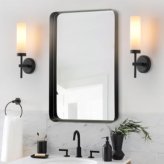 Wall Sconces Set of Two,Matte Black Bathroom Sconces Wall Lighting with White Glass, Modern Sconces Wall Decor Set of 2 Wall Light fixtures for Bathroom Mirror Living Room Hallway Bedroom Wall Lamp