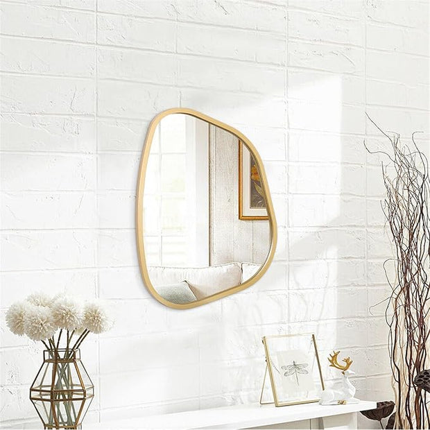Asymmetrical Accent Mirror for Wall Irregular Oval Wood Frame Modern Unique Wall Mirror Decorative Vanity Bathroom Living Room Bedroom Entryway Hallway Artistic Mirror Small Gold 14"x10"