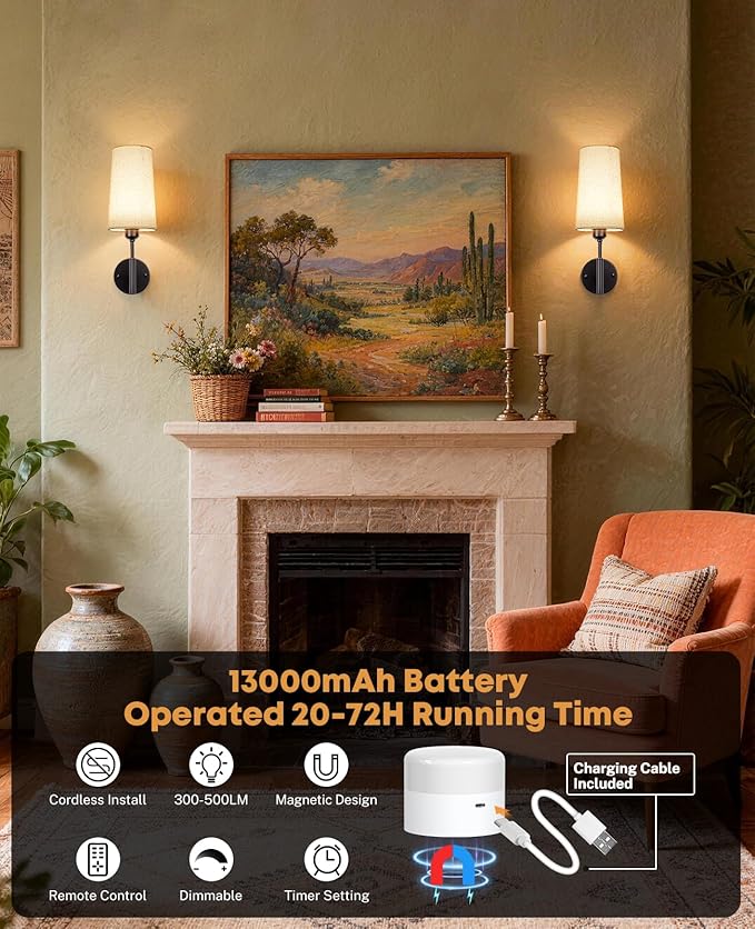 Battery Operated Wall Sconce, 13000mAh Wall Sconces Set of Two Battery Operated, Wireless Sconces Set of 2, Rechargeable Sconce with Remote, No Wire Wall Lamp/Light for Bedroom, Black