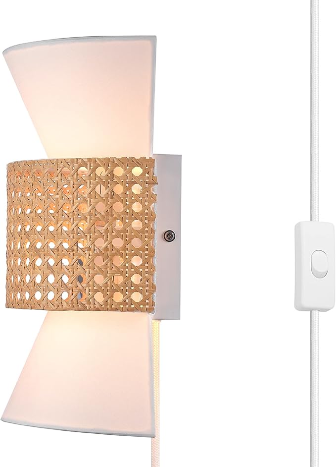 Globe Electric 65925 2-Light Plug-in or Hardwire Wall Sconce, Matte White Fabric Shade with Natural Rattan Accent, 6ft Braided Cord, in-Line Rocker Switch, Modern Lighting for Apartments or Renters