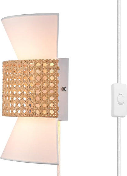 Globe Electric 65925 2-Light Plug-in or Hardwire Wall Sconce, Matte White Fabric Shade with Natural Rattan Accent, 6ft Braided Cord, in-Line Rocker Switch, Modern Lighting for Apartments or Renters