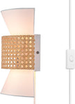 Globe Electric 65925 2-Light Plug-in or Hardwire Wall Sconce, Matte White Fabric Shade with Natural Rattan Accent, 6ft Braided Cord, in-Line Rocker Switch, Modern Lighting for Apartments or Renters