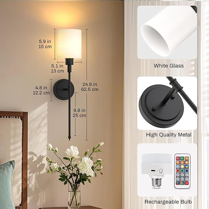 DORESshop Battery Operated Wall Sconce Set of 2, Wireless Wall Light Easy to Install, 10 Color, Sconce Wall Decor Set of 2 for Bedroom, Living Room, Black and Milky White Glass Shade, 24.3in