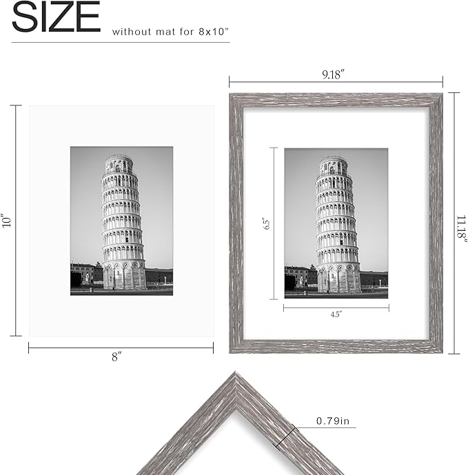 Wiscet 8x10 Picture Frame Set of 9, Display Pictures 5x7 with Mat or 8 x 10 Without Mat, Photo Frame for Wall Mounting or Tabletop, Grey