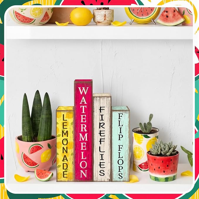 4 Pcs Summer Table Decoration Wooden Book Lemon Watermelon Wooden Sign Yellow and Red Summer Tiered Tray Decor Wood Book Sign Farmhouse for Home Shelf Coffee Table