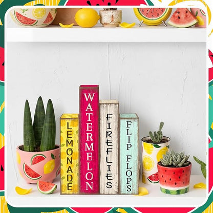 4 Pcs Summer Table Decoration Wooden Book Lemon Watermelon Wooden Sign Yellow and Red Summer Tiered Tray Decor Wood Book Sign Farmhouse for Home Shelf Coffee Table