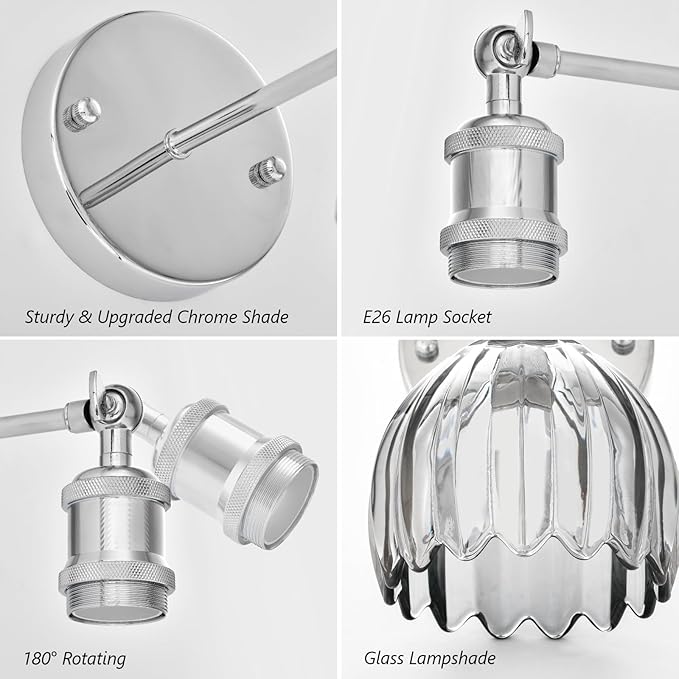 Vintage Battery Operated Wall Sconce, Smoky Gray Tulip Glass Lampshade Wireless Rechargeable Battery Powered LED Wall Light with Remote Dimmable for Bedside Bedroom Living Room, Silver, Set of 2