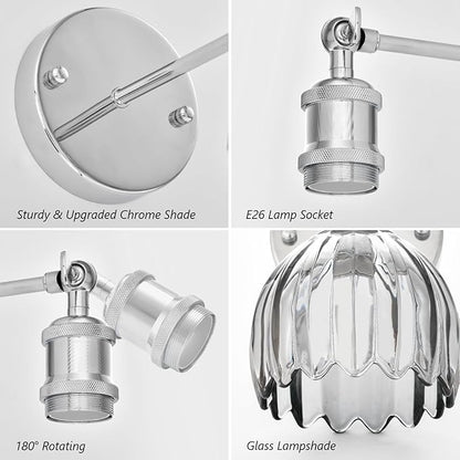 Vintage Battery Operated Wall Sconce, Smoky Gray Tulip Glass Lampshade Wireless Rechargeable Battery Powered LED Wall Light with Remote Dimmable for Bedside Bedroom Living Room, Silver, Set of 2