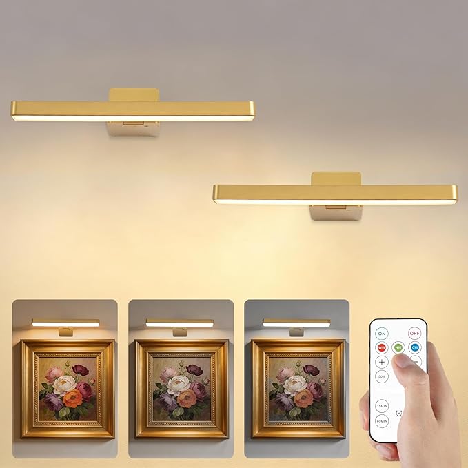 Battery Operated Picture Lights for Wall, Gold Wireless Art Light for Paintings, Rechargeable Display Light for Picture with Remote, 3 Color Poster Lights for Portraits Frame Wall Decor (2 Pack)