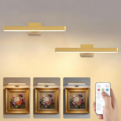 Battery Operated Picture Lights for Wall, Gold Wireless Art Light for Paintings, Rechargeable Display Light for Picture with Remote, 3 Color Poster Lights for Portraits Frame Wall Decor (2 Pack)