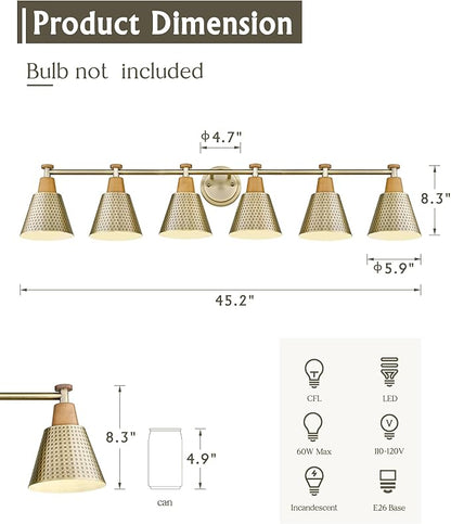 FEMILA Gold Light Fixture Bathroom, 6 Light Brushed Gold Vanity Light, 45.3" Bathroom Lighting Fixture Over Mirror, 4FG59B-6W BG