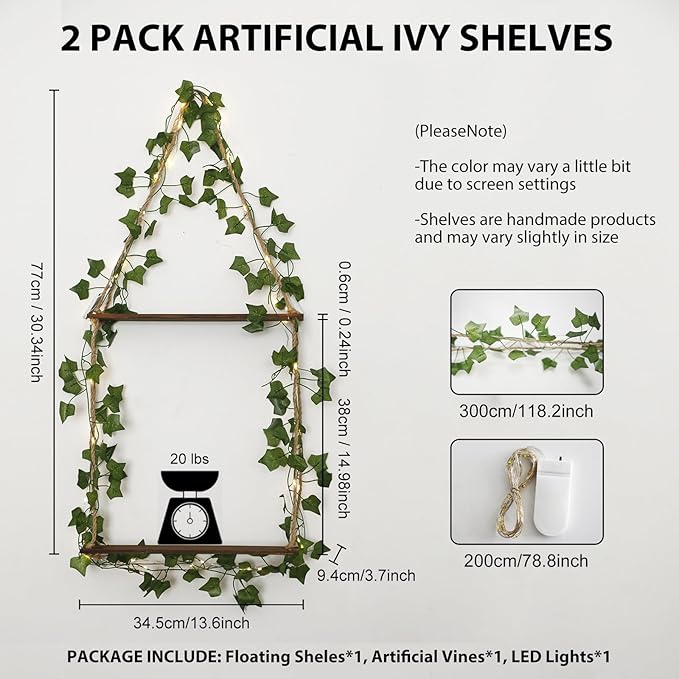 Artilady Artificial Ivy Macrame Hanging Shelves 3 Tier with Lights Boho Wall Decor, Rustic Wood Flaoting Shelf Plant Storage Rack for Bedroom Bathroom Living Room Nursery