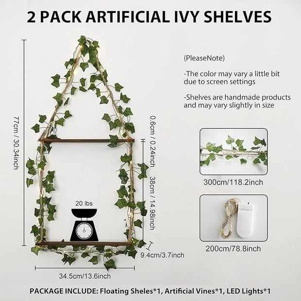 Artilady Artificial Ivy Macrame Hanging Shelves 3 Tier with Lights Boho Wall Decor, Rustic Wood Flaoting Shelf Plant Storage Rack for Bedroom Bathroom Living Room Nursery