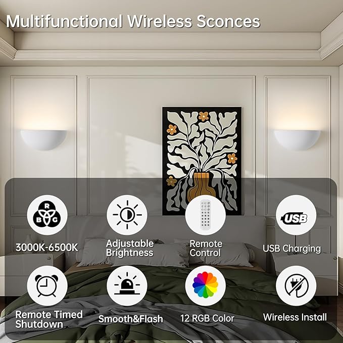Repaintable Battery Operated Wall Sconce, Minimalist Half-Sphere Gypsum Rechargeable Wall Light with 5000mAh Dimmable Magnetic Bulb Remote, 12 RGB Colors Wireless Wall Lamp for Bedroom, Hallway Decor