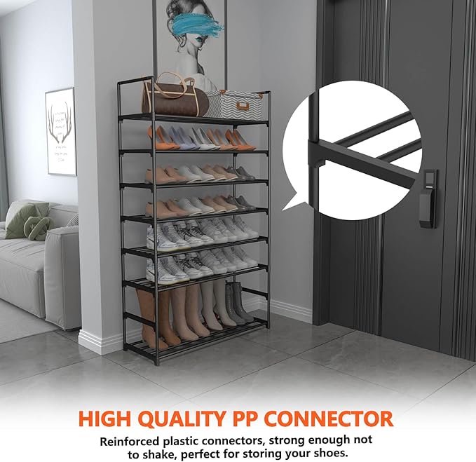 8 Tiers Metal Shoe Rack,Adjustable Shoe Shelf Storage Organizer with Hooks,Stackable Boot & Shoe Storage,for Entryway,Hallway,Closet,Black