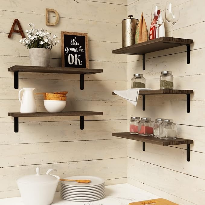 RICHER HOUSE Floating Shelves for Wall Décor, Rustic Wood Wall Mounted Shelves for Bedroom Set of 5, Farmhouse Shelf for Bathroom, Hanging Shelves for Storage - Deep Brown