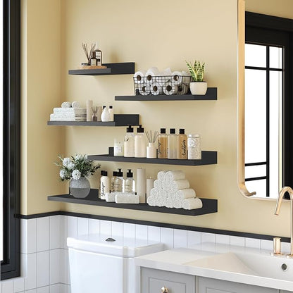 Floating Shelves for Wall Set of 5,Black Floating Shelves bathroom,30 Inch Natural Wood Book Shelf for Wall Mounted,Home Decor Display Shelving,Storage Shelves for Living Room,Bedroom,Kitchen