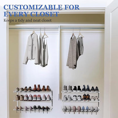 4 Pack Wall Mounted Shoe Rack, 3 Tier Hanging Shoe Rack Holds 48 Pairs, 17"-30"Adjustable Heavy Duty Metal Shoe Organizer Holder with 8 Storage Hooks, Space Saving for Closet Entryway Doorway（White)