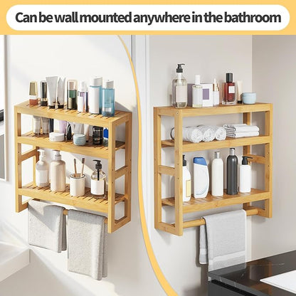 Bathroom Shelves with Hanging Bar Over Toilet Storage - Adjustable Wall Organizer (Natural)