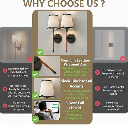 DORESshop Battery Operated Wall Sconce Set of 2, Wireless Wall Light Easy to Install, 7 Color Rechargeable Wall Sconces, Sconce Wall Decor Set of 2 for Bedroom, Living Room, Black and Leather, 18.7in