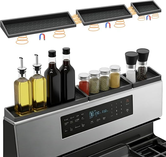 BFONS 30 Inch Silicone Magnetic Stove Top Shelf, Kitchen Shelf Over Stove Spice Rack Apartment Must Haves Kitchen Gadgets for Above Stovetop Seasoning Organization and Storage Thickened 3parts- Black