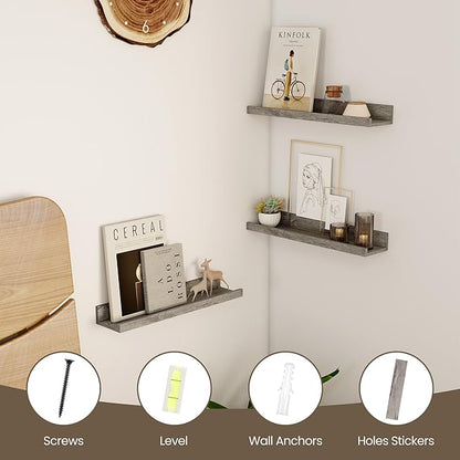 Axeman Floating Shelves | Picture Ledge Shelf Set of 2 | Rustic Grey Wall Shelves with Lip | Grey Picture Shelf for Wall with Ledge | Photo Ledges 16 Inch