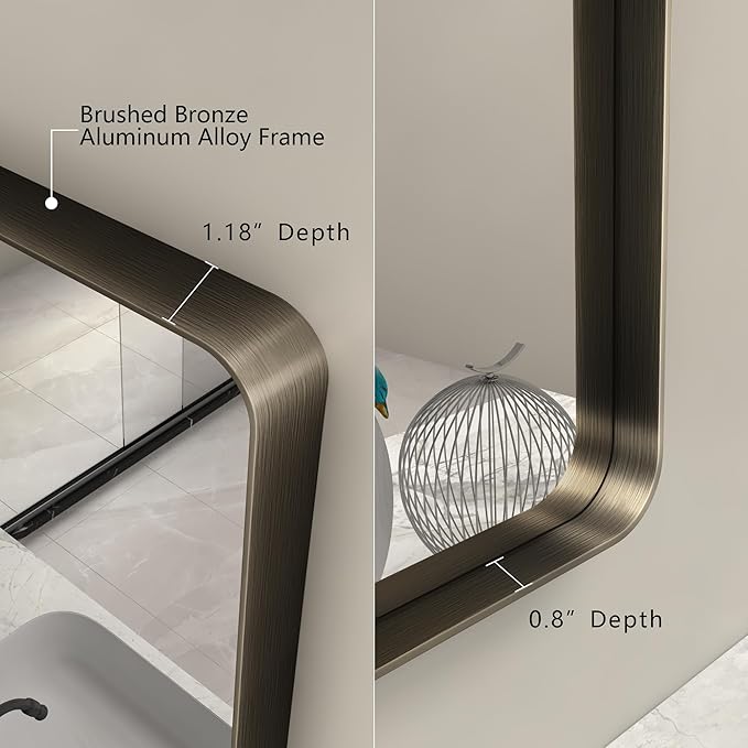 48x32 Bronze Bathroom Mirror, Brushed Bronze Framed Bathroom Vanity Mirror, Rounded Rectangle Mirror for Wall, Shatterproof, Wall Mounted, Anti-Rust (Horizontal/Vertical)