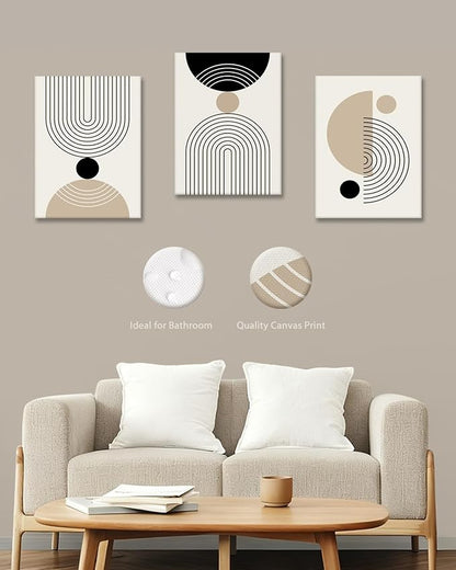HesenDot Abstract Geometric Wall Art Set of 3, 40x60CM Minimalist Line Framed Canvas Prints, Boho Modern Beige Black Shapes Wall Decor for Living Room Bedroom Bathroom Office Home