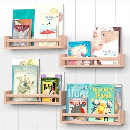 Nursery Shelves, Floating Bookshelves for Wall Set of 4, Baby Nursery Decor, Solid Wood Wall Mounted Shelves for Books (Natural Wood)