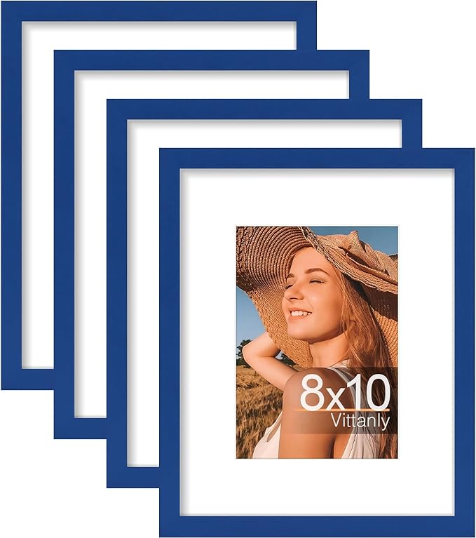 Vittanly 8x10 Picture Frames Set of 4, Display Pictures 5x7 with Mat or 8x10 without Mat, Gallery Wall Frame Set for Wall or Tabletop, Engineered Wood with Shatter Resistant Plexiglass, Royal Blue