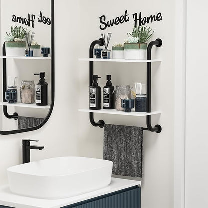 Bathroom Shelves Wall Mounted, Rustic Farmhouse Pipe Shelves 2-Tier, Floating Shelf Wall Decor for Bathroom, Kitchen, Bedroom, Living Room Thanksgiving Day 17.3in White