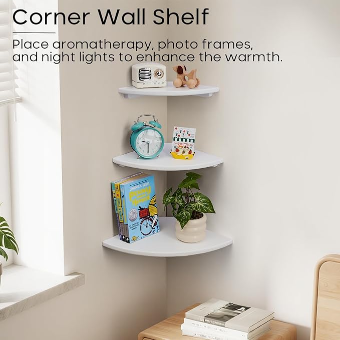 White Corner Shelf, Wall Mount Natural Oak Wood Floating Corner Wall Shelf Round End Small Corner Nightstand Plant Shelf for Bedroom, Kitchen, Living Room 12inch