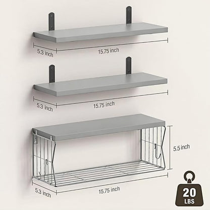 Floating Bathroom Shelves Wall Mounted - Wooden Shelf Set of 3 for Over Toilet Storage & Modern Bathroom Decor - Perfect Wall Shelving Organizer for Apartments RVs Powder Rooms Restroom - Grey