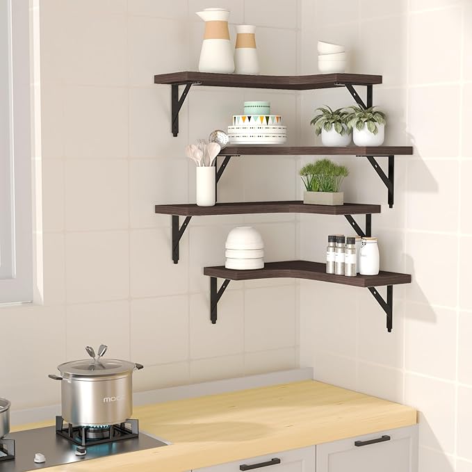 Corner Floating Shelves Wall Mounted Set of 4, Rustic Wood Storage Display Wall Shelves for Home Decor, Bathroom, Kitchen, Bedroom, Living Room, Office (Brown)