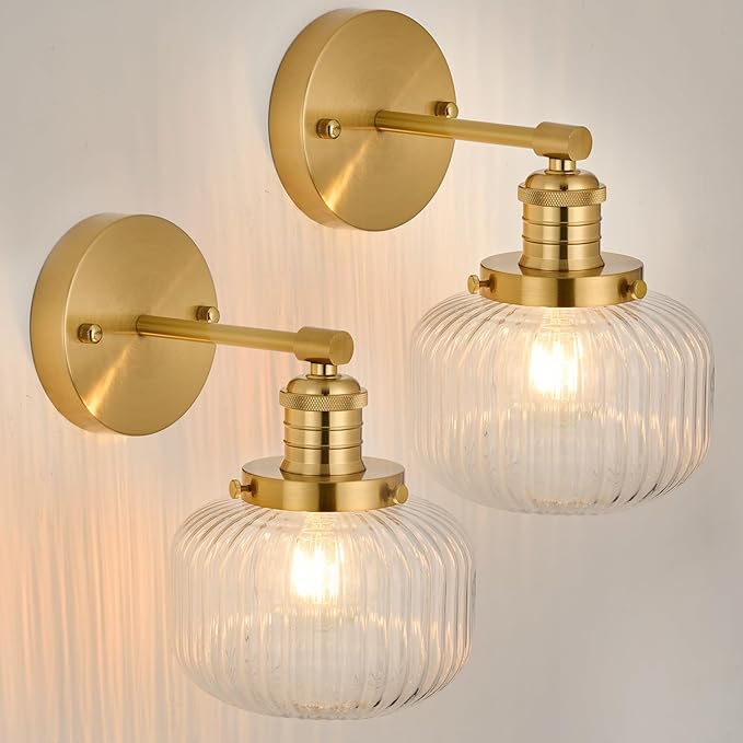 TERLEENART Vintage Wall Sconce Set of 2,Hard Wired Sconce with Clear Ribbed Glass Shade,Indoor Wall Mounted Lamp for Bedroom Living Room Bathroom Hallway