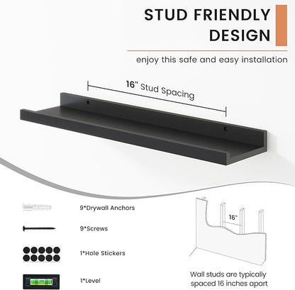 Floating Picture Ledge Shelves Set of 4, 24 Inch Shelves with Lip - Large Nursery Book Shelf for Toys Storage, Kids Bookshelf, Living Room, Bedroom Decor Frames