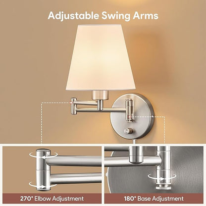 VONLUCE Wall Sconce Set of 2, Plug in & Hardwired Swing Arm Wall Lamps, Adjustable Wall Mounted Lighting Fixtures, Modern Wall Lights with Nickel Base White Fabric Shade for Bedside, Hallway, Study